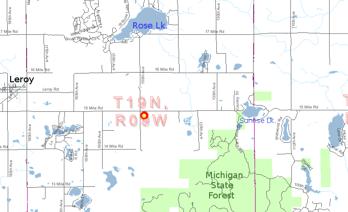 Vicinity to Leroy, Michigan State Forest, Rose Lake and Sunrise Lake